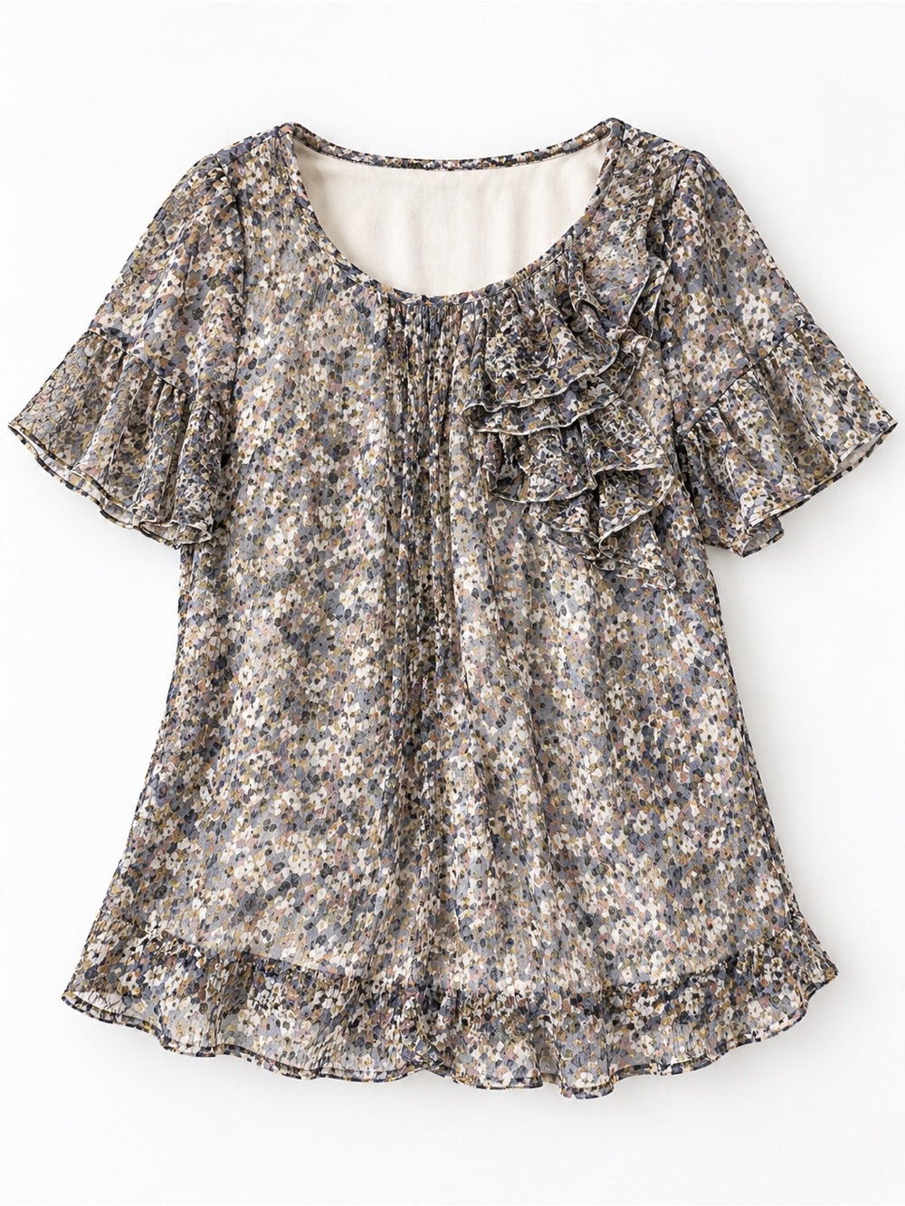 Floral Sheer Chiffon Ruffle Blouse Lined Short Sleeve Top